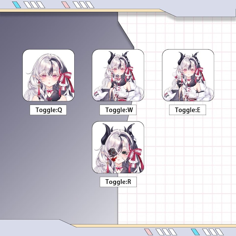 K&ouml;nnte beinhalten: Vier Anime-Charakterportr&auml;ts mit wei&szlig;en Haaren, H&ouml;rnern und roten Akzenten. Jedes Bild ist mit "Toggle:" und einem Buchstaben beschriftet: Q, W, E und R. Die Charaktere tragen schwarz-wei&szlig;e Outfits.