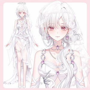 May include: A digital illustration of a character with long white hair and pink eyes, wearing a white bridal-style dress with lace details, a veil, and purple gemstone jewellery. The outfit features skeletal hand accents and a layered skirt.