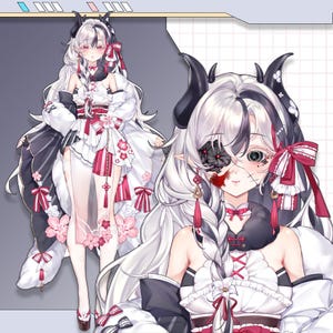 K&ouml;nnte beinhalten: Anime-Illustration eines Charakters mit wei&szlig;em und schwarzem Haar, schwarzen H&ouml;rnern und roten Akzenten. Die Figur tr&auml;gt ein wei&szlig;es Kleid mit roten und rosa floralen Details, einen schwarz-wei&szlig;en Mantel und eine dekorative Augenklappe.