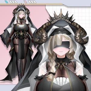Puede incluir: Ilustración de un personaje con un atuendo gótico oscuro. El personaje lleva una capa con capucha negra y blanca, una venda negra y una corona. El atuendo incluye un vestido negro con detalles dorados y medias altas hasta el muslo. El personaje tiene el pelo rubio peinado en trenzas.