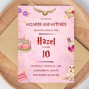 May include: A pink invitation with the text "Wizards and Witches" and "Hazel is turning 10". The invitation includes illustrations of a cake, owl, potion, and other magical elements. The invitation is on a wooden plate with a brown envelope.