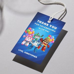 Etiquetas de agradecimiento de Robocar Poli, recuerdos de fiesta editables (impresión digital)
