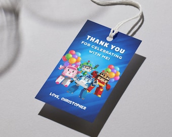 Etiquetas de agradecimiento de Robocar Poli, recuerdos de fiesta editables (impresión digital)