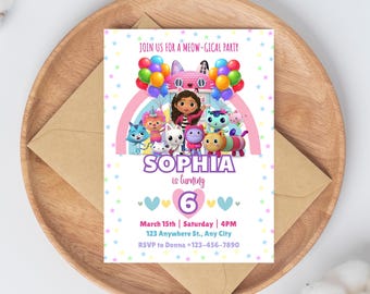 Invitación de cumpleaños editable de Gabby's Dollhouse, plantilla de Canva (descarga digital)