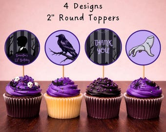 Adornos para cupcakes de cumpleaños con temática gótica, emo y espeluznante, editables, imprimibles, digitales y electrónicos, descarga instantánea.