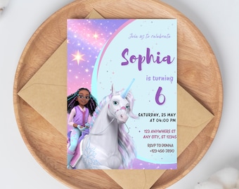 Invitación de cumpleaños editable de Unicorn Academy, plantilla de Canva (descarga digital)