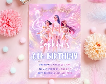 Invitación de cumpleaños editable de Cazadores de Demonios del K-pop, plantilla de Canva (descarga digital)