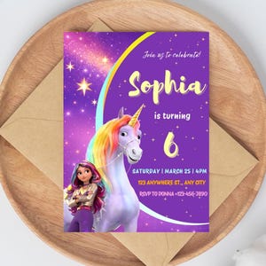 May include: A purple invitation with a unicorn and a girl illustration. The invitation reads "Join us to celebrate! Sophia is turning 6." The date and time are listed, along with an RSVP contact.