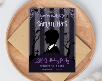 Invitación de cumpleaños gótica, temática emo espeluznante, plantilla editable de Canva (descarga digital)