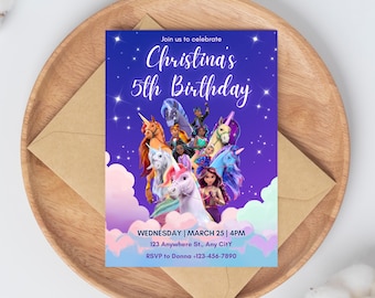 Invitación de cumpleaños editable de Unicorn Academy, plantilla de Canva (descarga digital)