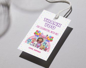 Etiquetas de agradecimiento de cumpleaños de Gabby's Dollhouse, recuerdos de fiesta editables (descarga digital)
