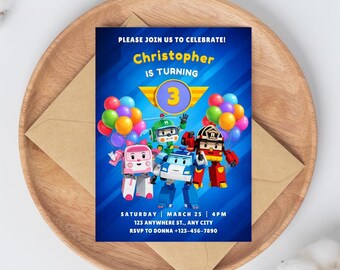 Invitación de cumpleaños de Robocar Poli, fiesta del equipo de rescate, plantilla editable de Canva (descarga digital)