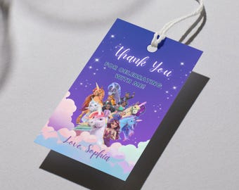Etiquetas de agradecimiento de cumpleaños con diseño de unicornio, recuerdos de fiesta editables (descarga digital)