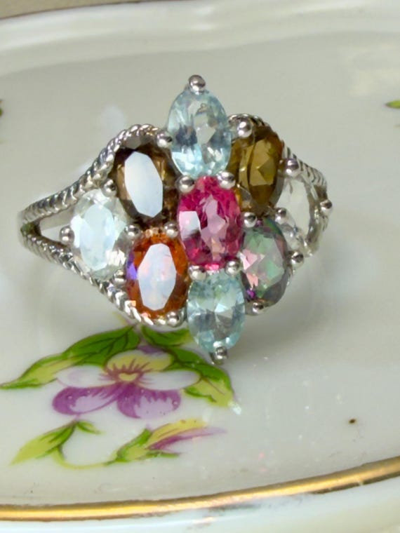 Multi-Colored Topaz Ring Sterling Silver Band, Si… - image 1