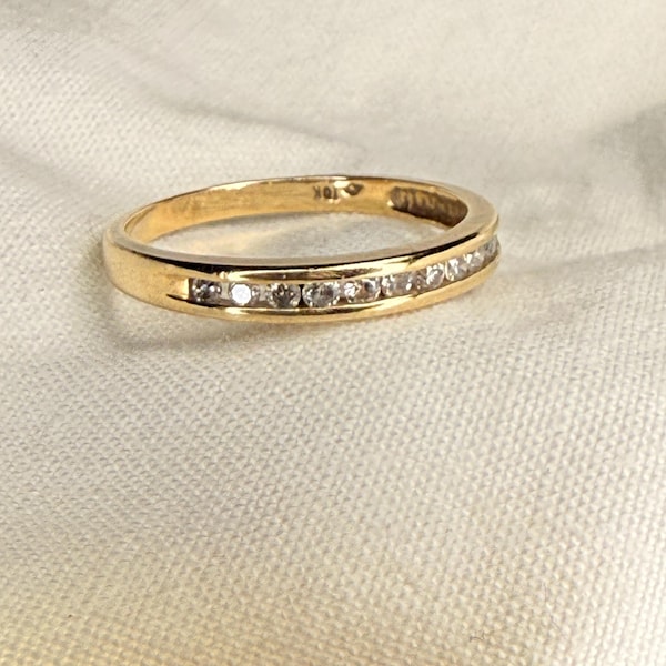 Vintage 10k Diamond Ring, Solid Yellow Gold Band with Authentic Gemstones,  Channel Setting, Size 7