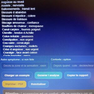 Puede incluir: Una pantalla muestra una lista de términos médicos en francés, incluyendo "Acouphenes legers" y "Allergies saisonnieres". Los botones incluyen "Charger un exemple" y "Generer l'analyse". El texto inferior advierte sobre la acupresión.