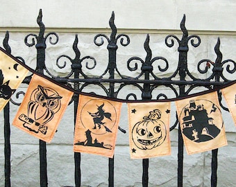 Bandera de Halloween. Decoración primitiva de Halloween. Nostálgico, Retro, Vintage Halloween. Truco o tratar la guirnalda