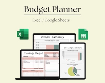 May include: A digital budget planner displayed on a laptop, tablet, and desktop computer. The screens show income and expense summaries, with charts and tables. The text "Budget Planner" and "Excel / Google Sheets" are at the top.