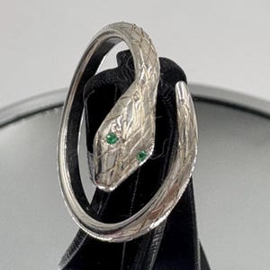 Könnte beinhalten: Ein silberner Schlangenring mit strukturiertem Muster. Der Schlangenkopf hat zwei kleine grüne Edelsteine als Augen. Der Ring wird vor einem schwarzen Hintergrund mit einer verschwommenen silbernen Oberfläche im Hintergrund präsentiert.