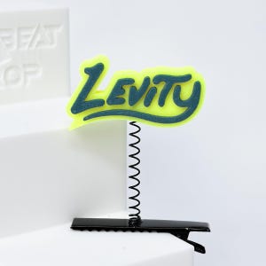 May include: A hair clip with the word "Levity" in a stylized font. The word is in dark teal with a yellow outline. The clip has a black base and a silver spring.