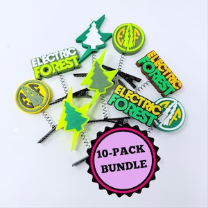 May include: A collection of hair clips and barrettes with the text "ELECTRIC FOREST" and tree designs. The clips are in various shapes and colors, including green, yellow, and white. A pink and black "10-PACK BUNDLE" sticker is also included.