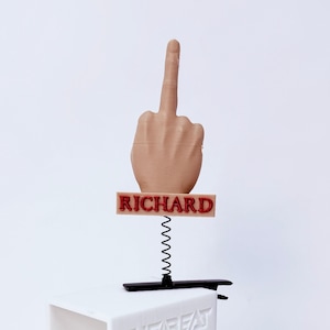 May include: A novelty desk toy featuring a hand giving the middle finger. The hand is flesh-toned and mounted on a black spring above a base. The name "RICHARD" is displayed in red letters.