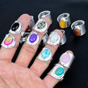 Mixed Gemstone Rings Lot: 925 Sterling Silver Plated, Adjustable Handmade jewelry Ring