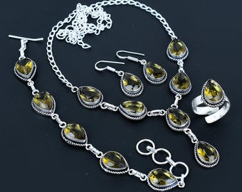 Smoky Topaz Gemstone Necklace Earring Bracelet Ring Set: Bohemian 925 Sterling Silver Jewelry set