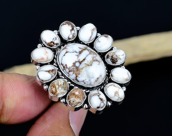 Natural Wild horse Gemstone 925 Sterling Silver Flower Style Jewelry Adjustable Ring