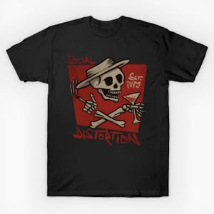 May include: Black t-shirt featuring a skull wearing a fedora, smoking a cigarette, and holding a martini glass. The design includes the words "Social Distortion" and "Est. 1979" in red on a red background.