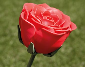 Può includere: Una rosa rossa vibrante con petali dettagliati, su uno sfondo verde sfocato. La rosa è sostenuta da uno stelo verde scuro e sepali verde chiaro. Questo elemento floreale decorativo è un accento sorprendente per qualsiasi spazio.