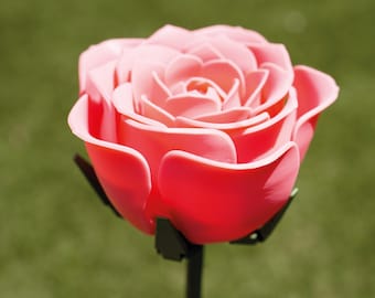 Può includere: Primo piano di una rosa rosa con uno stelo verde scuro. La rosa ha più strati di petali, con un gradiente di rosa chiaro e scuro. Lo sfondo è un verde sfocato.