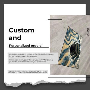 May include: The image showcases a custom rug sample with a unique design. The rug features a blend of blue, gold, and black colors, with a swirling pattern. Text on the image promotes personalized orders and provides a shop URL.
