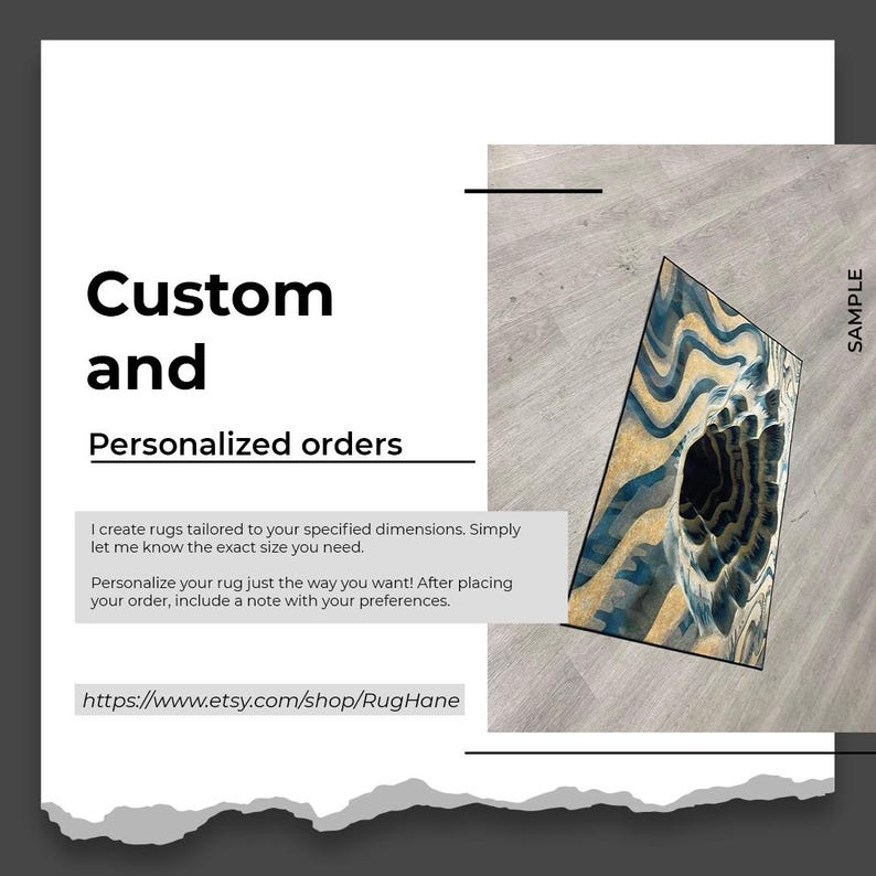 May include: The image showcases a custom rug sample with a unique design. The rug features a blend of blue, gold, and black colors, with a swirling pattern. Text on the image promotes personalized orders and provides a shop URL.