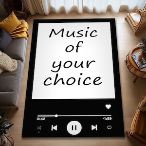 Könnte beinhalten: Ein rechteckiger schwarz-weißer Teppich mit dem Text "Music of your choice" in einem Musikplayer-Oberflächendesign. Der Teppich verfügt über eine Wiedergabe/Pause-Taste, Überspringen-Tasten und eine Fortschrittsanzeige.