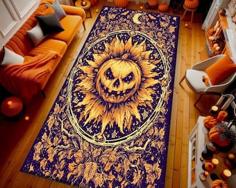 Alfombra gótica de Halloween: Calabaza de Sol y Luna con diseño de enredaderas y hojas, decoración de suelo con temática de brujas y calabazas ocultas y espeluznantes.