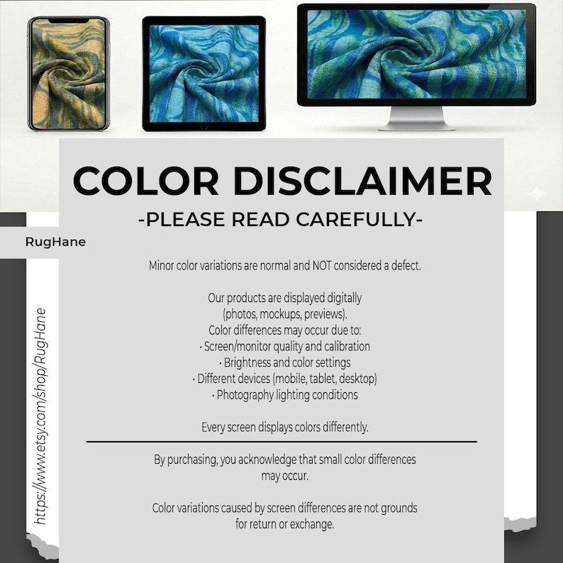 May include: A digital display of a blue and green patterned textile on a smartphone, tablet, and computer monitor. The text "COLOR DISCLAIMER - PLEASE READ CAREFULLY-" is displayed below the screens, along with a disclaimer about color variations.