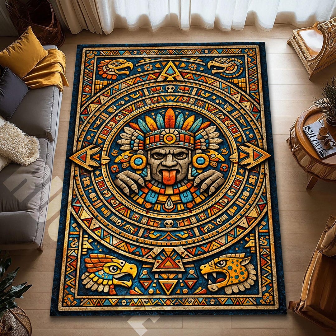 Aztec Sun Rug Aztec Sun Calendar Area Rug Blue Gold Digital Print Decor - Etsy