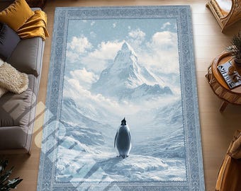 Existential Penguin Meme Rug, Cinematic Arctic Aesthetic Floor Art