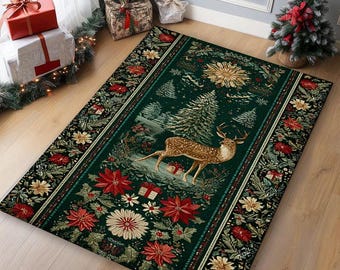 Vintage Christmas Floor Rug With Holly Leaves and Merry Christmas