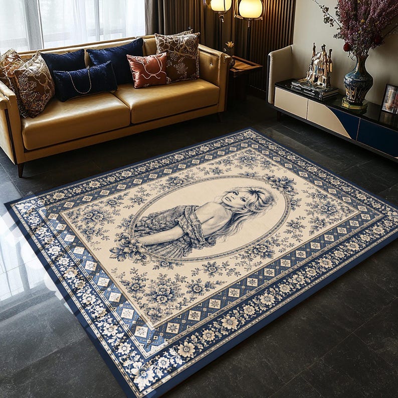 May include: A rectangular area rug with a cream-colored center featuring a portrait of a woman in a floral oval frame. The rug has a blue floral border and a dark blue outer edge. The rug is placed on a dark floor in a living room setting.