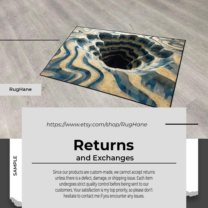May include: A rectangular rug with a 3D design of a deep, circular canyon. The rug features shades of blue, tan, and black, creating a realistic topographical effect. The rug is placed on a light gray wooden floor. The text "RugHane" is visible.