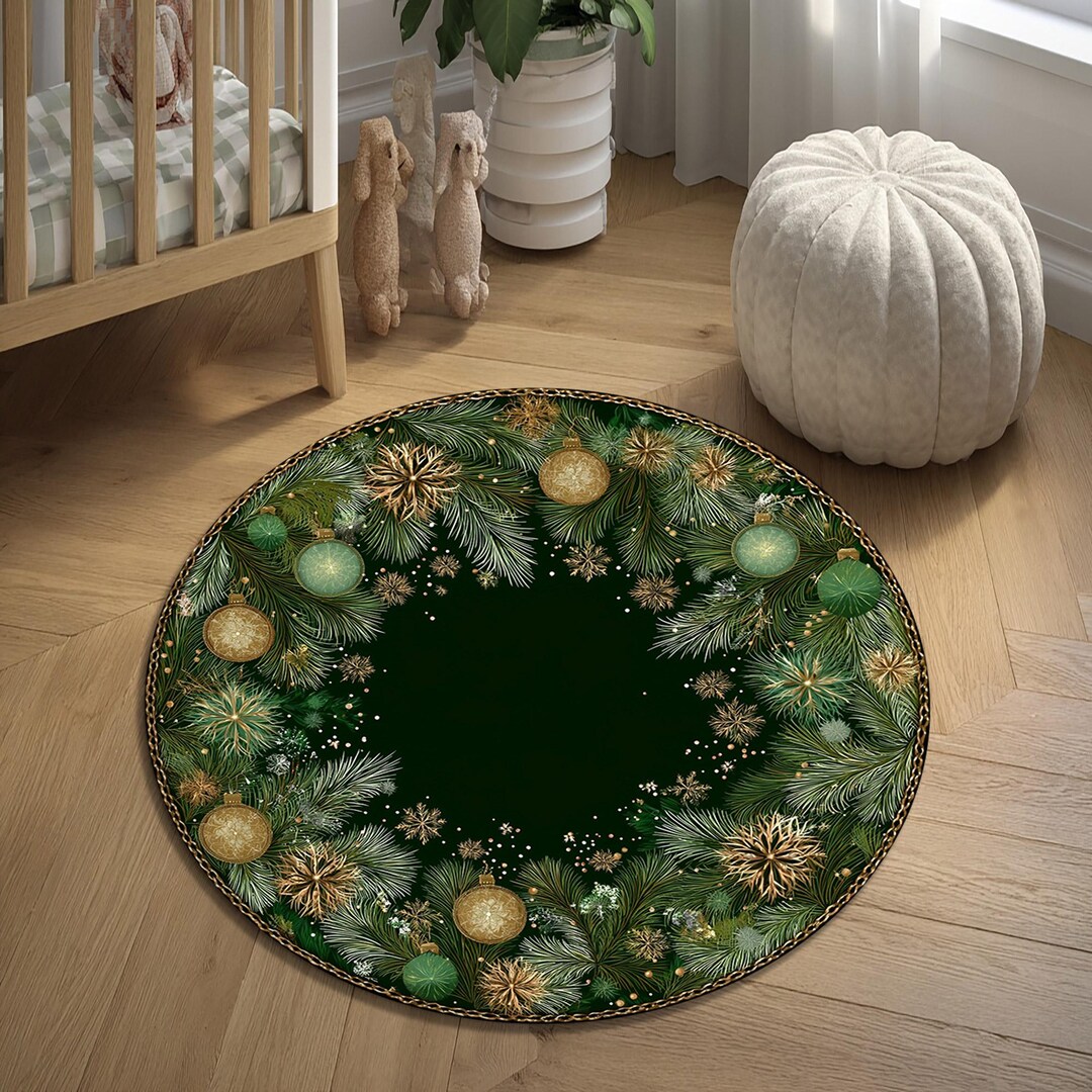Emerald Wreath Christmas Round Rug, Pine and Ornament Holiday Mat - Etsy