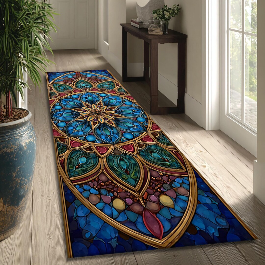 Stained Glass Rug Design Stained Glass Runner Rug – Colorful Mandala Hallway Carpet for Home ...