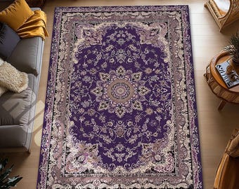 Purple Vintage Digital Printed Rug Floral Ornate Area Carpet