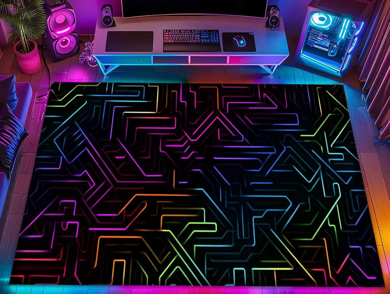May include: A rectangular area rug with a black background and a neon circuit board design. The rug features lines in shades of pink, purple, blue, green, and orange. The rug is placed in a room with gaming equipment and neon lighting.