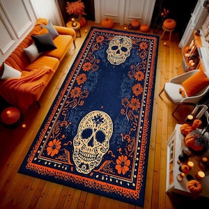 Halloween Skull Rug – Gothic Sugar Skull Carpet with Floral Accents, Non Slip Living Room Area Rug, Day of the Dead Home Decor Gift
