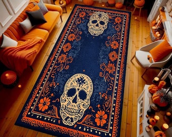 Halloween Skull Rug – Gothic Sugar Skull Carpet with Floral Accents, Non Slip Living Room Area Rug, Day of the Dead Home Decor Gift