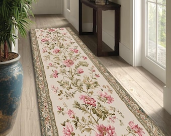 Floral runner rug with vintage design, elegant hallway carpet, long narrow entryway rug, classic bohemian cotton woven floor decor