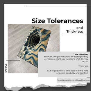 May include: A rectangular rug with a unique design, featuring a dark central void surrounded by swirling blue and gold patterns. The rug's thickness is 3 to 5 mm, ensuring durability and comfort. The text on the image says "Size Tolerances and Thickness".